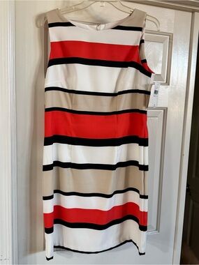 Alyx Sleeveless Striped Midi Dress in Bright Orange-Red, Black & Beige